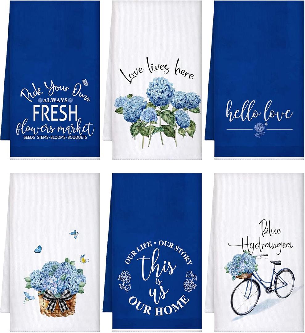 Geyoga 6 Pcs Hydrangea Kitchen Towels Blue Farmhouse Dish Hand Towels Absorbent Tea Washcloth for Spring Summer Kitchen Bathroom Home Decor, 16 x 24 Inch