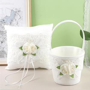 Rose Lace Flower Pocket Ring Bearer Pillow Cushion and Flower Girl Basket Set for Romantic Wedding Ceremony Party Decor (A)