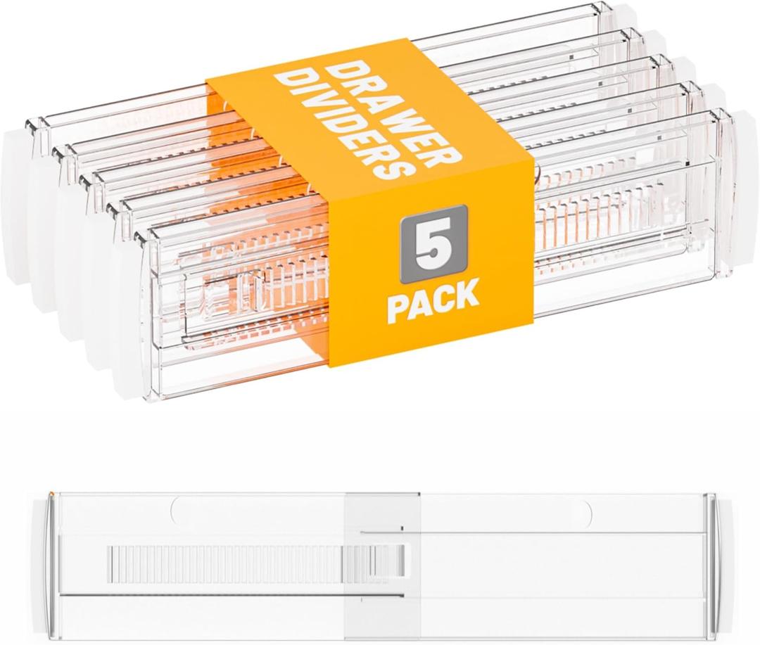 Yieach 5 Pack 3.2 Inch Shallow Acrylic Drawer Divider for Clothes -Expandable from 12.3-17''-Adjustable Dresser Drawer Divider for Baby Clothing,Underwear,Clear in Drawer Separators for Kitchen,Office