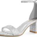PIZZ ANNU Women's Low Block Chunky Heels Sandals Comfortable Open Toe Ankle Strap Party Dress Pump Shoes Strappy Buckle Heeled Sandal with 2 Inches Tall Thick Heel Design, 6.5, Silver Glitter