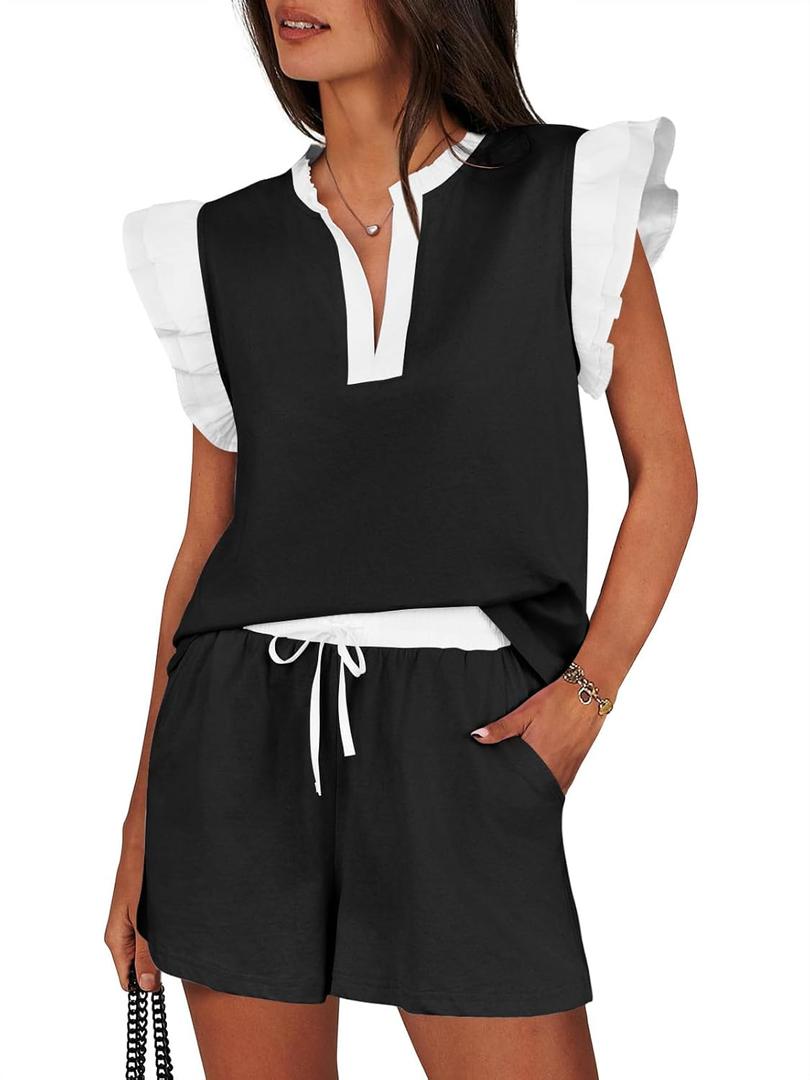 Tankaneo Womens 2 Piece Lounge Sets Summer Outfits V Neck Ruffle Cap Sleeve Tops and Shorts Vacation Matching Set, Extra Large, Black