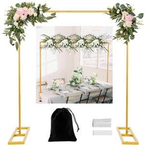 8.2 FT Wedding Arch Rectangle Stand Square Backdrop Stand, Extra Clamps to Table Rod Stand, Adjustable Photo Booth Background Kit, Balloon Arch Stand for Birthday Party Baby Shower Decor, Gold