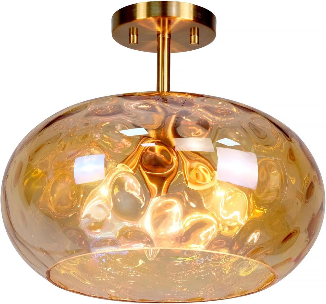 Brass Gold Semi Flush Mount Ceiling Fixture Large Hammered Glass Shade Modern Close to Ceiling Light 14" Art Lampshade for Hallway Foyer Bedroom (Amber Glass Shade, 14 Inches)