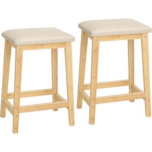 HOOBRO Bar Stools, Set of 2 Bar Chairs, Counter Height Bar Stools, PU Upholstered Kitchen Stools, 24 Inch Bamboo Saddle Stools with Footrests, for Kitchen, Dining Room, Bar, Beige and Natural YE04MD01