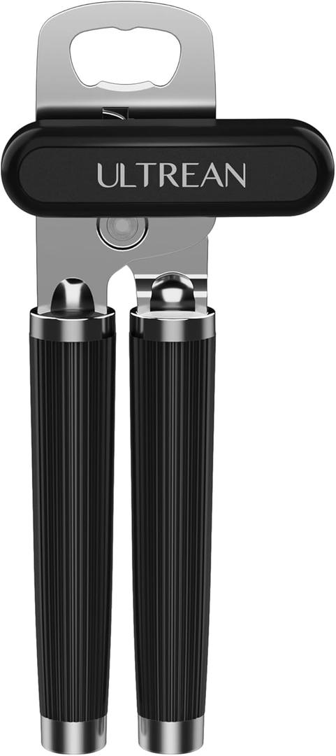 Ultrean Manual Can Opener Bottle Opener, Heavy Duty Stainless Steel Smooth Edge Manual Hand Held Can Opener With Soft Touch Handle, Rust Proof Oversized Handheld Easy Turn Knob (Black)