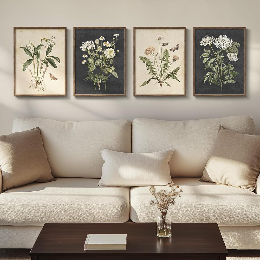 Framed Botanical Wall Art for Living Room, 4 Piece Rustic Floral Canvas Paintings Prints ArtWork for Walls, Vintage Flower Butterfly Pictures for Farmhouse Dining Room Hallway Bedroom Kitchen Bathroom Wall Decor