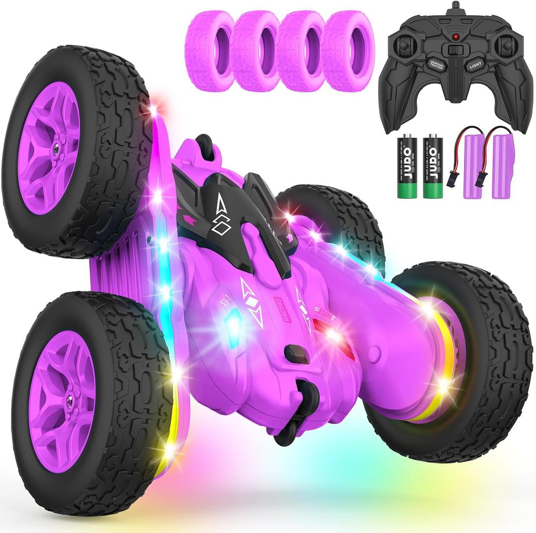 Remote Control Car, Rc Cars Stunt RC Car Toys New Upgraded Strip Lights and Headlights Girl Toys Double-Sided 360 Rotating 4WD Drift Truck for Boys Girls Birthday Gift (Purple)