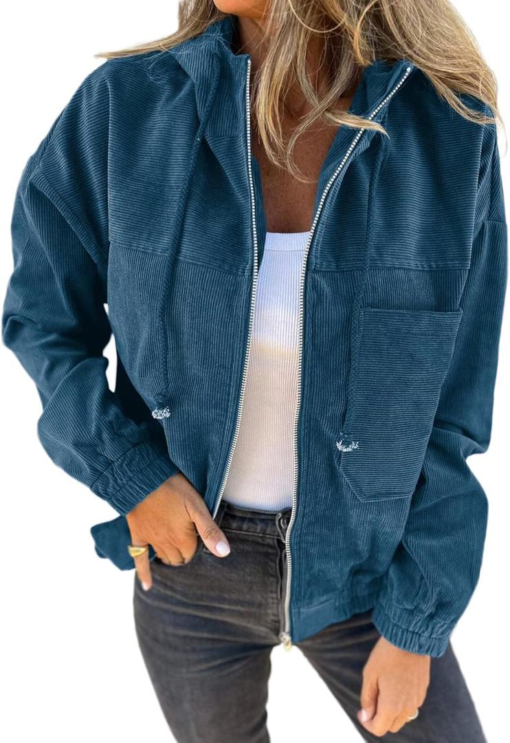 VICHYIE Corduroy Drawstring Hooded Pocket Zip Up Jacket Loose Shacket Coat (X-Large, Blue)