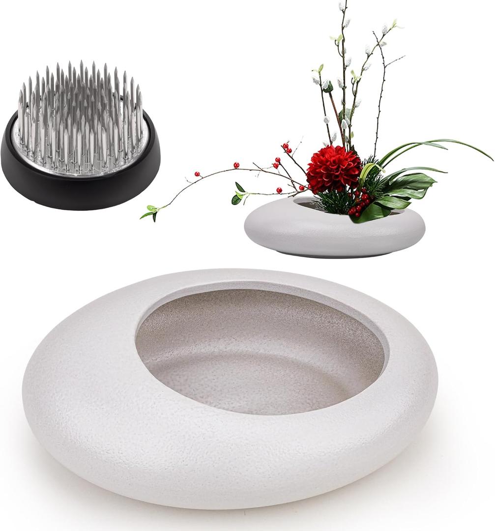 Folmywy Ikebana Flower Frog Vase Kit Japanese Flower Arrangement with 1.57 Inch Kenzan Ceramic White Pebble Shaped Bowl for Ikebana Teaching Aids Art Supplies Home Decor (5.51x4.13in)