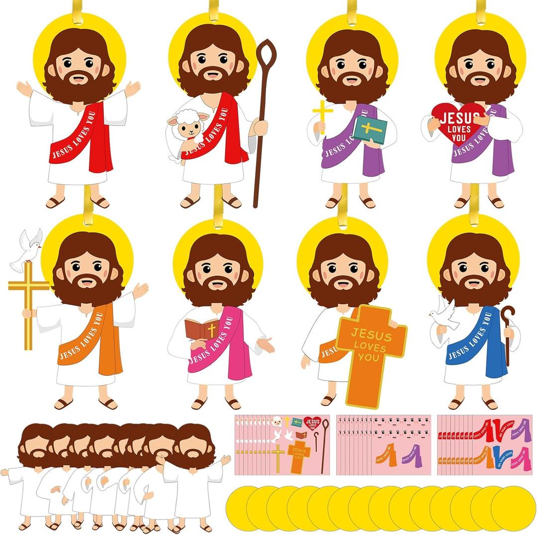 Frienda 48 Set Easter Jesus Loves You Craft Religious Craft Kit Make a Jesus Christian Ornament Stickers Bulk DIY Arts for Fun Easter Party Home Activities Decors