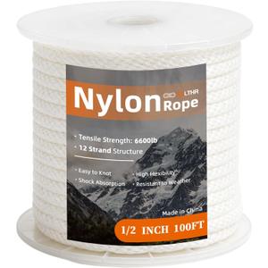 Nylon Rope 1/2inch 100ft Solid Braid Multi-Purpose Ropes for Outdoor Indoor Heavy Duty for Camping, Boat, Garden, Clothesline, Marine, Soft & Flexible, High Tensile Strength, White