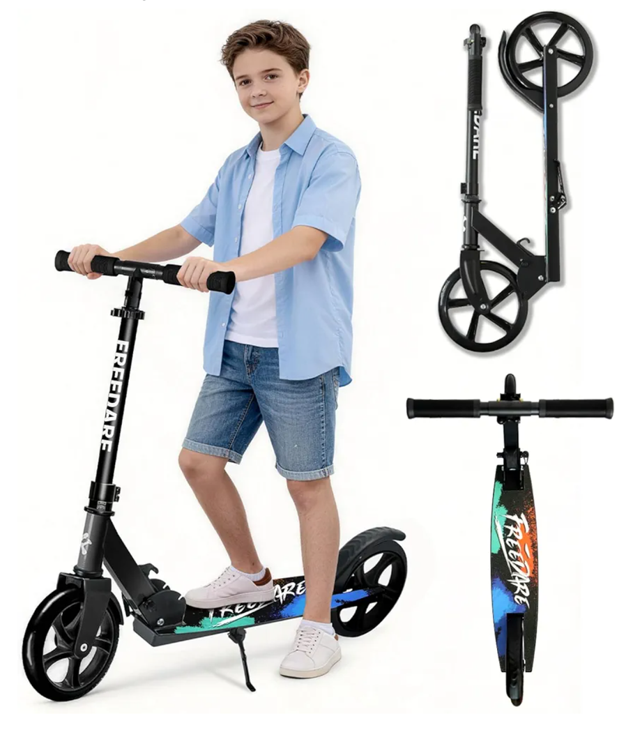 FREEDARE Kick Scooter for Kids & Adults Ages 8+, Foldable Teen Scooter with 2 Big 8-inch Wheels and 4-Level Adjustable Handlebar, Max Load 220 LBS