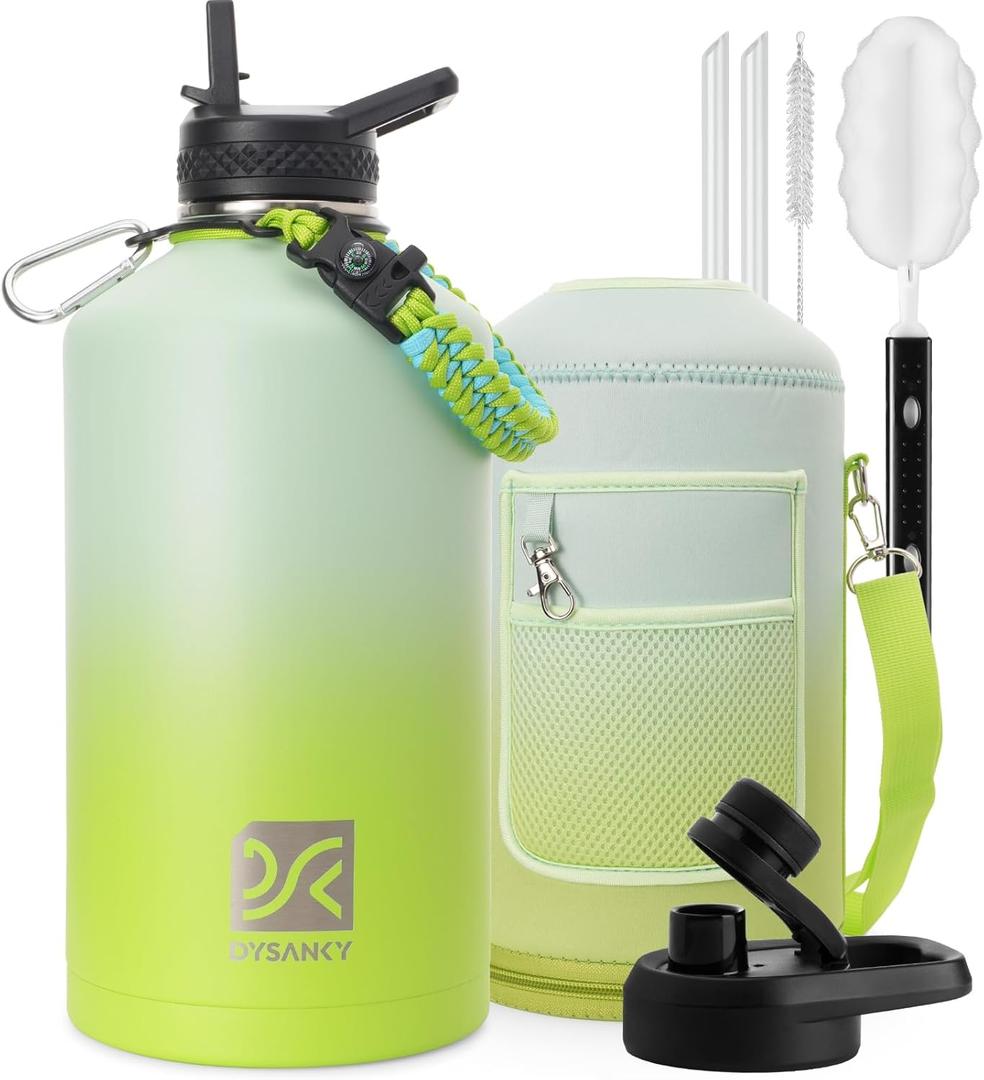 1 Gallon Insulated Water Bottle | Upgraded Thickened Stainless Steel Metal Portable Sports Large Water Jug for Gym and Hiking with Carrier Bag, Handle Strap | BPA-Free 128 Oz (Gradient Green)