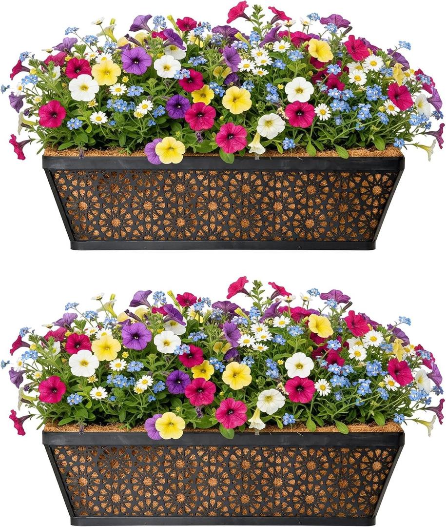 2 PCS 24 Inch Window Deck Box Railing Planter Boxes with Coco Liner,Black Metal Hanging Flower Planter Basket Hanging for Window Sill Balcony Courtyard Garden