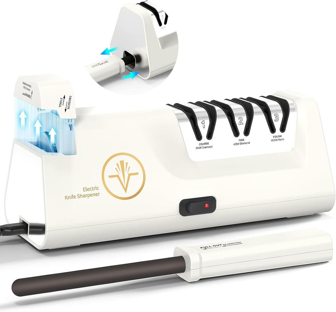 Professional Electric Knife Sharpeners with Diamond Abrasives and Precision Angle Guides, Multifunctional 4-Stage Slots and a hidden Knife Sharpener Rod, Suitable for various knives, scissors, axes