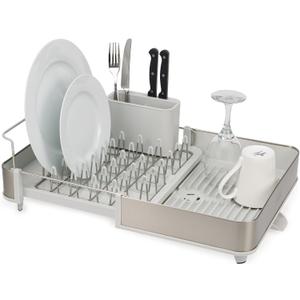 Joseph Joseph Extend Steel Expandable Dish Drying Rack with Removable Cutlery Holder Swivel Draining Spout, Stainless Steel