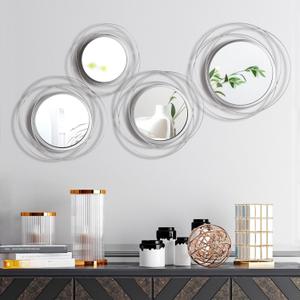 Hicarer 4 Pcs Decorative Wall Mirror Round Modern Mirror Circle Mirror Wall Art Ring Metal Mirror Wall Decor Wall Mounted Mirror for Bedroom Living Room Entryway Dining Room Hallway (Silver)