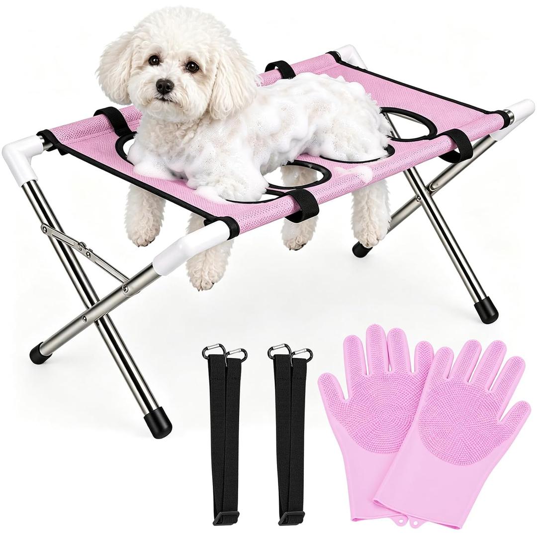 Small Dog Grooming Hammock Stand, Foldable Pet Bath Holder Sling Shower | Stand for Small Dogs & Cats bath hammock – Nail Trimming, Teeth Brushing & Care with Pet Bath Gloves & 2 Hanging Ropes, Pink