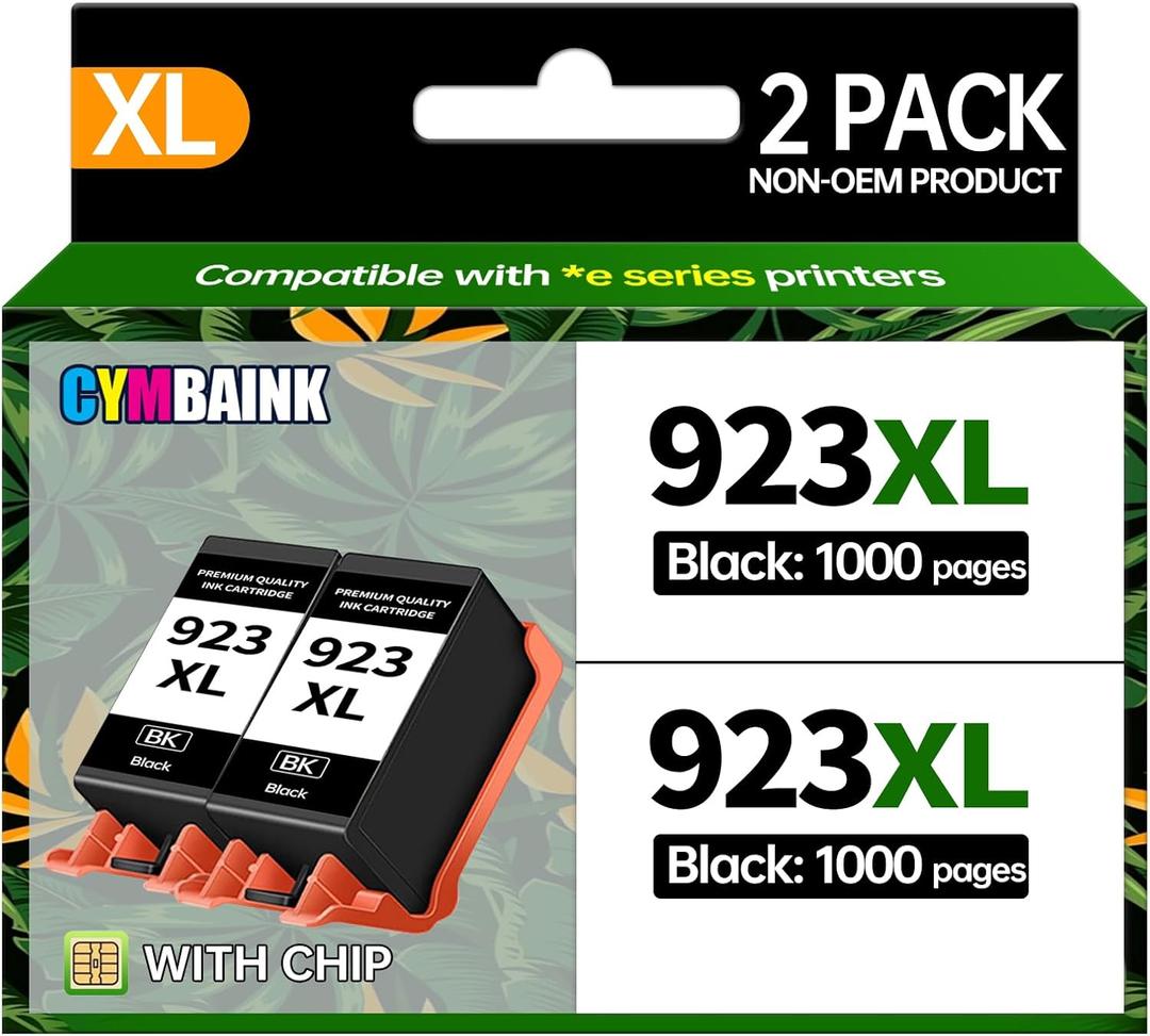 Black 2Pack 923XL Ink Cartridge High-Yield with Chip Compatible with Home Office School Printers Replacement for Pro 8120 8122e 8132e 8124e 8125e 8130 (923XL-2Black)