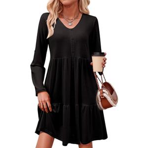Dokotoo Fall Dresses for Women 2025 V Neck Button Up Long Sleeve Empire Waist Ruffle Tiered Mini Dress with Pockets (Black, XXL)