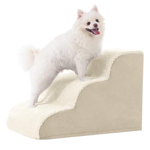 MIHIKK Dog Stairs Ramp, Curved 3-Step Dog Steps for Small Dogs and Cats, Pet Stairs for High Beds and Couch with Anti-Slip Washable Cover and Durable High Density Foam, Beige