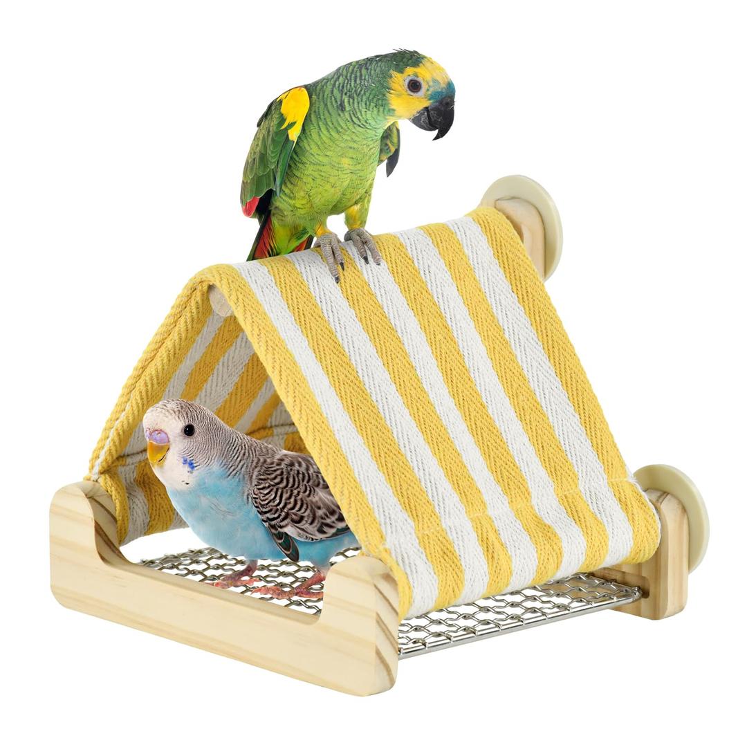 ShuRung Bird Cotton Linen Tent House with Stainless Steel Shelves Two-Layer Perch Habitat for Parrot, Budgie, Conure, Lovebird, Parakeet Cozy Hideaway Cave for Bird Cage （V）