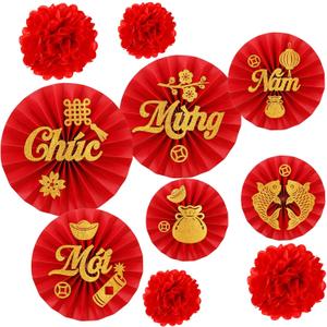 Tenceur 10 Pcs Vietnamese Lunar New Year Decoration Vietnamese Paper Fans and Red Tissue Paper Flowers Decorations for Lunar New Year Festival Party Supplies (Chc Mng Nm Mi)