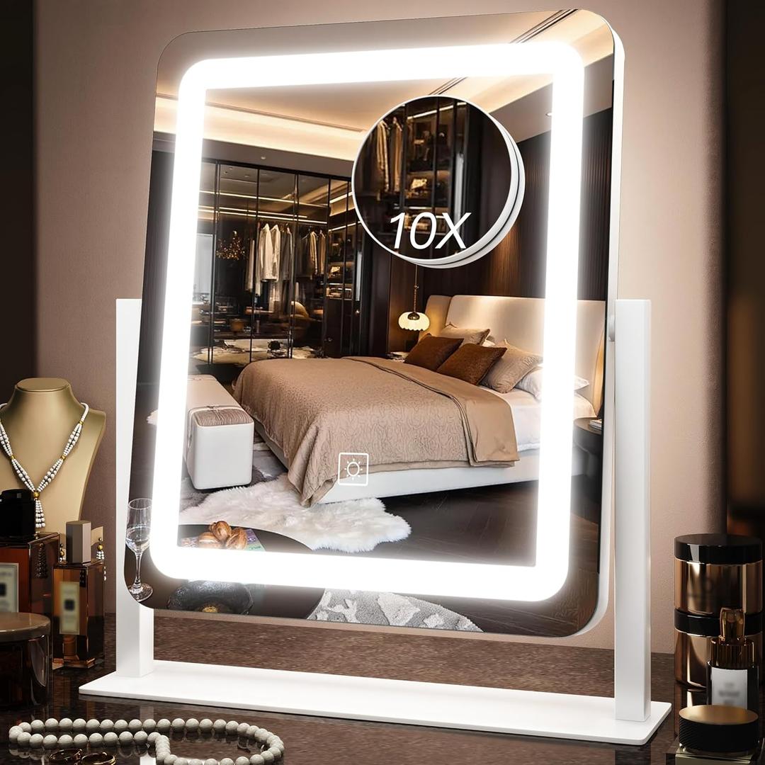 15" x13" Vanity Mirror with Lights, LED Makeup Mirror with Lights,10X Magnification Vanity Mirror with 360Rotation, 3 Color Modes Dimmable Lighted Mirror Makeup for Desk, Travel, White
