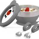 MR. CHOU Baby Bowl Set with Spoon & Fork, Insulated Double-Layer 18/8 Stainless Steel Toddler Bowls with Silicone Suction Cup & BPA Free Airtight Lids, Food Grade Infant Self-Feeding Bowl, Gray