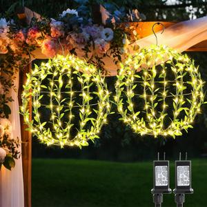 Flacchi Hanging Iron Sphere Lights with Artificial Greenery  12Inch 120 LED Waterproof Outdoor/Indoor Decor Ball Light with Timer & 8 Modes  2 Pack for Garden, Christmas, Weddings (Warm White)