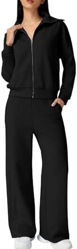 QINSEN Women's Cotton 2 Piece Outfits Lapel Long Sleeve Zip Up Sweatshirt Wide Leg Pants Matching Tracksuit Sets Small