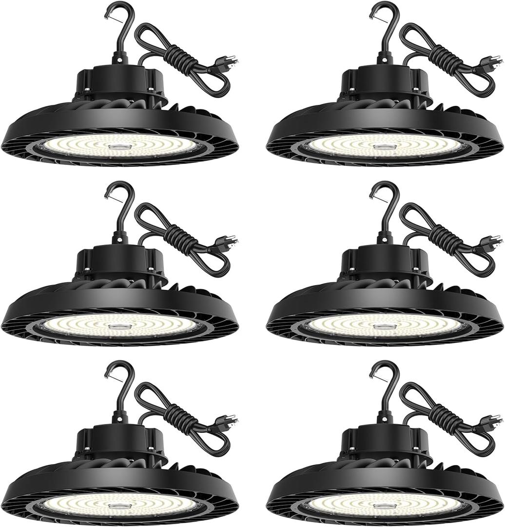 UFO LED High Bay Light 200W 6 Pack, High Bay LED Light 30,000LM (150LM/W) 1-10V Dimmable, 5' Cable with Plug, Hanging Hook, Safe Rope, ETL Listed High Bay Light for Factory Warehouse Workshop