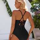 Women's Sexy Mesh Tummy Control Swimsuits V Neck Push Up One Piece Bathing Suits Slimming Swimwear (Black, L)