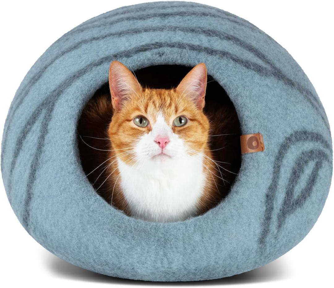 MEOWFIA Cat Cave  Premium Felt Cat Bed for Indoor Cats, Handmade Merino Wool (Aquamarine, Large)