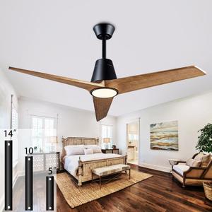 52" Ceiling Fans with Light, Solid Wood Ceiling Fan with Remote Control and DC Motor, with RGB Function, with 3 Fan Blades, Indoor-Outdoor Ceiling Fan for Living Room, Bedroom - Black + Walnut Color