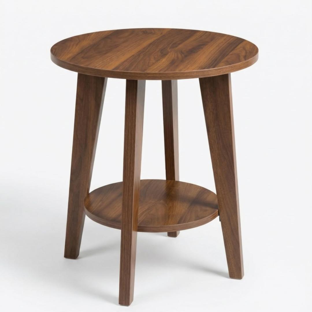 Small Round Side Table-17.7" Cute End Table with 2-Tier Storage | Waterproof Low Nightstand for Kids Room,Nursery,Small Spaces,Plant Stand&Bean Bag(Walnut)