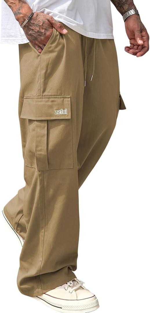 ZAFUL Men's Cargo Work Pants Drawstring Casual Joggers Hiking Outdoor Streetwear Track Jogging Sweatpants (1-Khaki, M)
