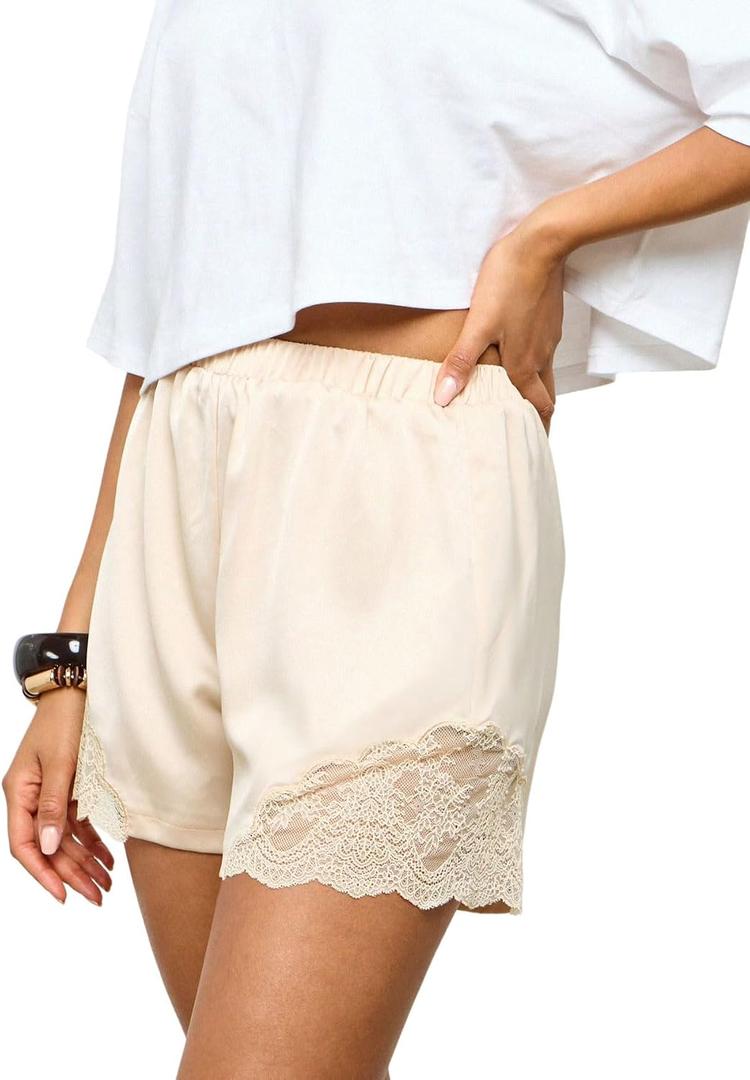 MakeMeChic Women's Satin Lace Shorts Y2k Mini Boxers Slip Shorts Lounge Bottoms Streetwear (Beige, L)