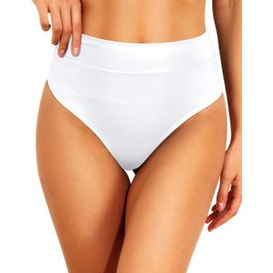 Tempt Me Women White High Waisted Cheeky Bikini Bottoms Tummy Control Scrunch Butt Swim Bottom Only, Medium