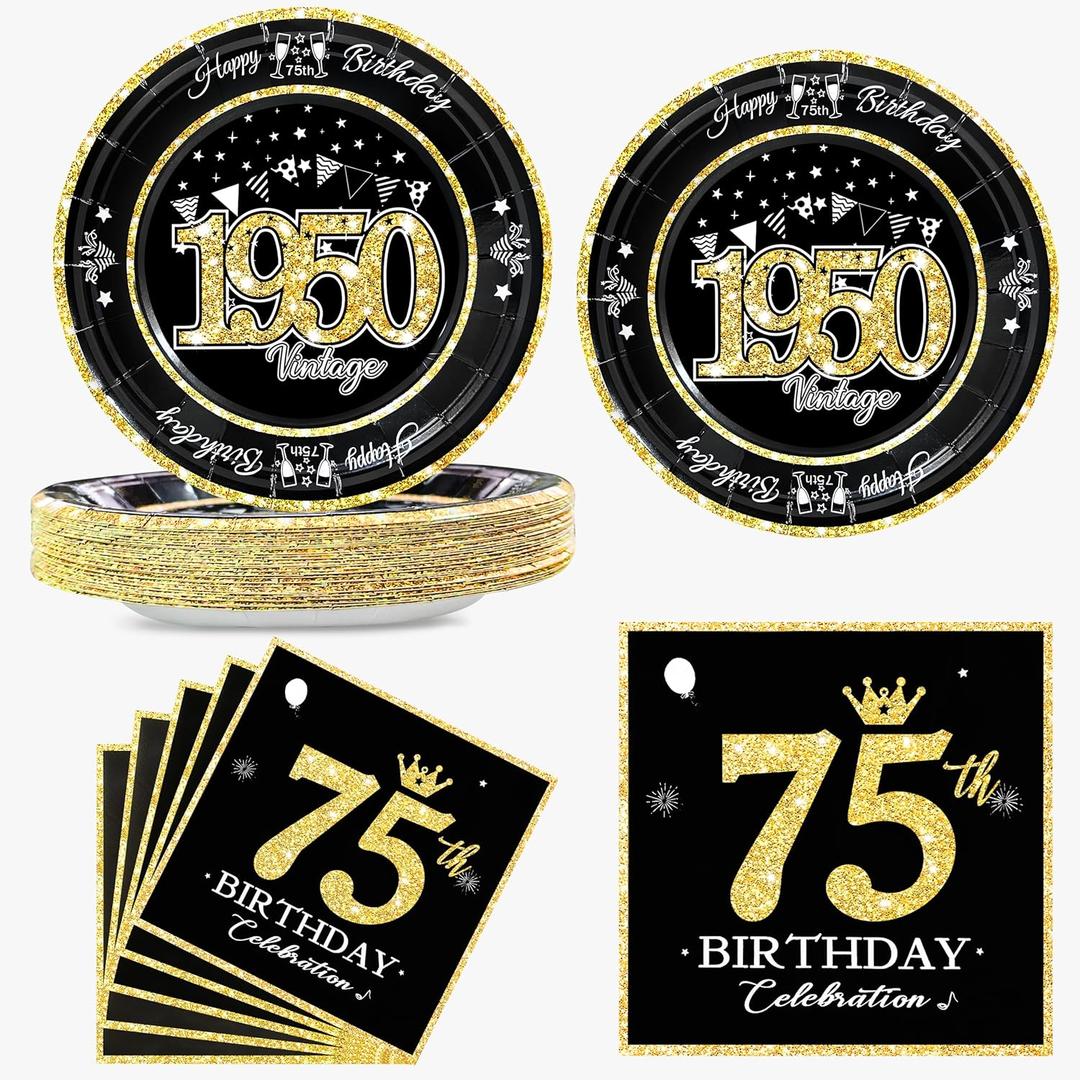 60 PCS Vintage 75th Birthday Plates and Napkins Set, 75th Birthday Decorations Black and Gold, Service for 30, 1950 Birthday Dessert Plates and Napkins Party Supplies for Men Women