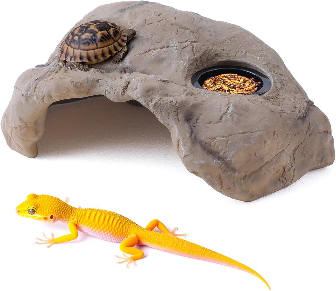 Hide Resin Cave Shelter for Ball Python, Lizard, Leopard Gecko, Bearded Dragon, Terrarium Habitat Decoration (Faux Mud Color with Feeding Ledge, Large)