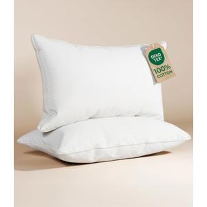 100% Cotton Bed Pillows - Queen Size Set of 2 - Super Soft, Breathable, Down Alternative Polyester for Back & Stomach Sleepers - Low Density, Low Loft Support & Machine Washable - 20" x 40" (White)