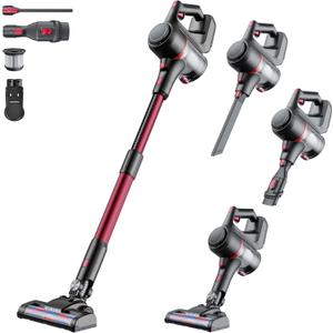 Cordless Vacuum Cleaner, Stick Vacuum, Self-Standing Vacuum Cleaners, Handheld Vacuum with Charging Dock Station Removable Battery for Home Office Pet Hair/Carpet/Floor, Lightweight & 45Mins - Red
