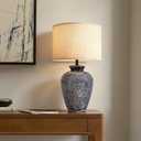 Ceramic Farmhouse Table Lamp for Living Room and Bedroom - Modern Black Pottery Beside Lamps for Small Nightstand and Large Side Table - Rustic Round Stone Lighting Single with White Beige Shade