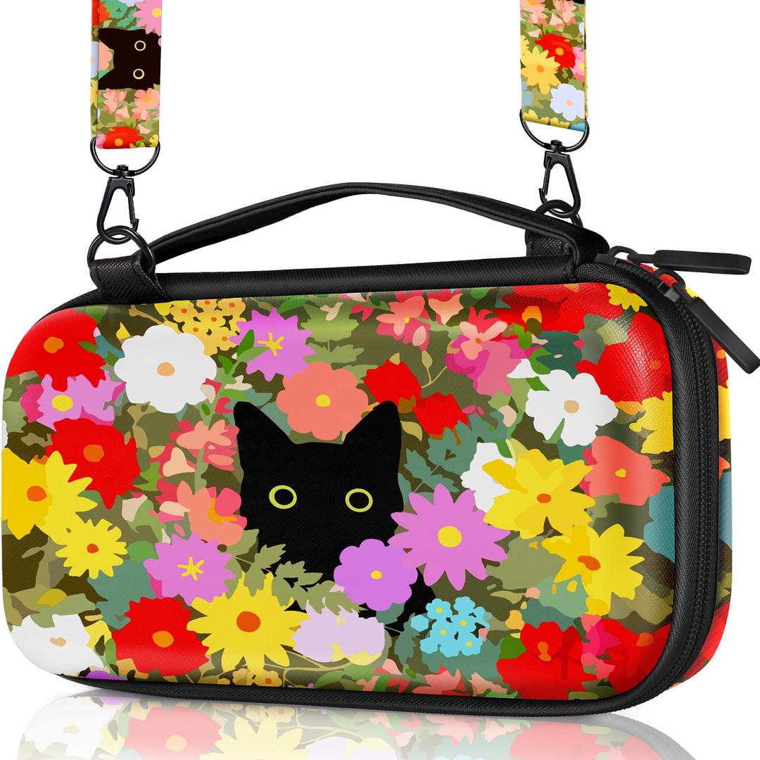 Carrying Case for Nintendo Switch Lite Travel Carry Cases Hard Shell Protective Cover Flowers Black Cat Cute Girls Boys Accessories Storage Protector Pouch Bag for Nintendo Switch Lite 2019
