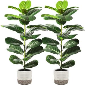 Suntee 2 Pack Artificial Fiddle Leaf Fig Tree, 30" Ficus Lyrata Fake Plants with Cotton Rope Basket, Floor Plant Outdoor Faux Plants for Living Room, Corner, Office, Patio, Windowsill Decor (White and Brown Baskets)