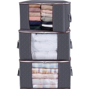 Lifewit 3 Pack 90L Clothes Storage Bins with Lids, Foldable Blanket Storage Bags with Zippers, Clear Window and Reinforced Handles, Closet and Organization for Clothing, Sweater, Comforter, Bedding