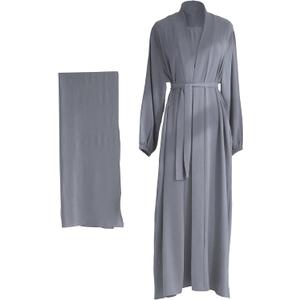 Women's Muslim Dress Two Pieces Set Islamic Prayer Abaya Modest Solid Color Muslim Outfits (Medium, Gray Abaya and Gray Hijab)