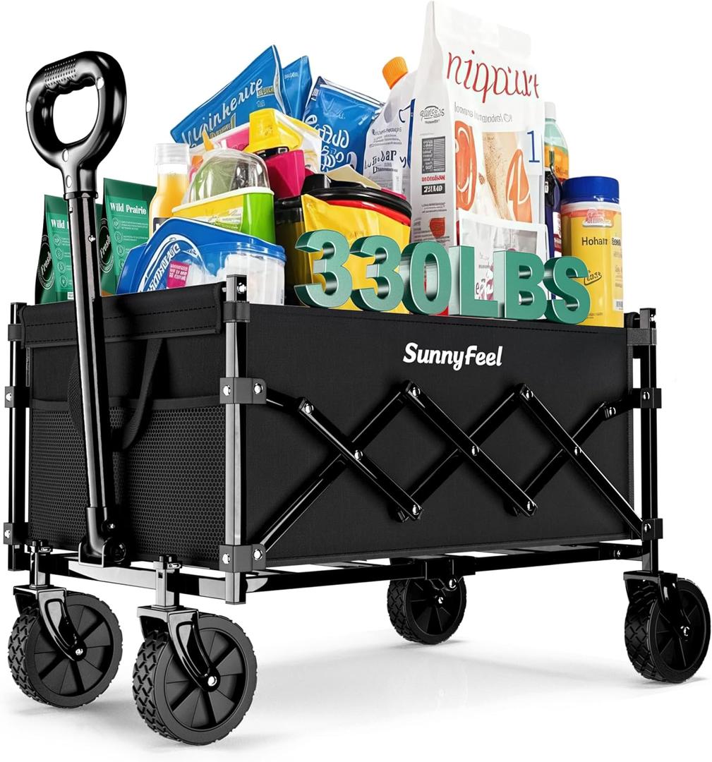 SunnyFeel 330lbs Wagons Carts Foldable,Heavy Duty Collapsible Folding Wagon Carts with Wheels,Lightweight Fold Up Wagon Cart for Outdoor Camping Shopping Sports Beach Garden Grocery (Small, Black)