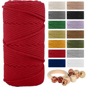 Macrame Cotton Cord 5mmx109 Yard 4 Strand, Munzong Natural Handmade 4 Twisted Cotton Rope for Wall Hanging Weaving Tapestry DIY Craft Knitting Plant Hanger Gift Wrapping Wedding Decor(100m,Red)